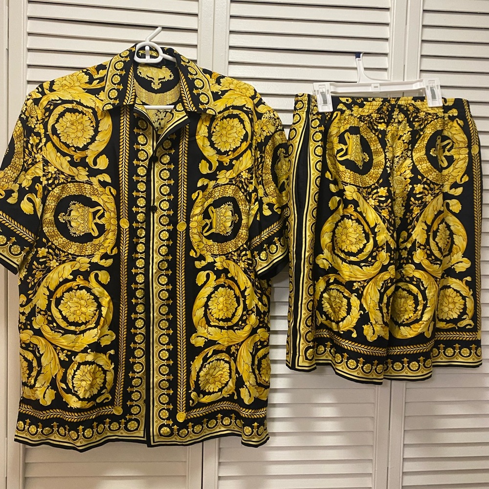 Men Barocco Print Silk Versace shirt and short set